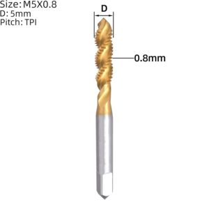 m5 x 0.8 spiral flute tap, hss titanium coated spiral flute plug threading tap m5 x 0.8