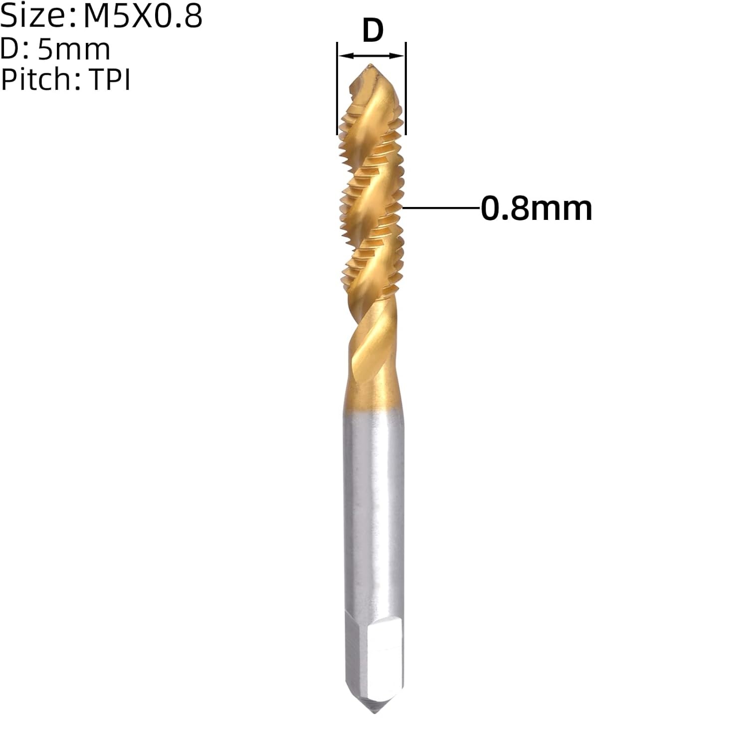 m5 x 0.8 spiral flute tap, hss titanium coated spiral flute plug threading tap m5 x 0.8