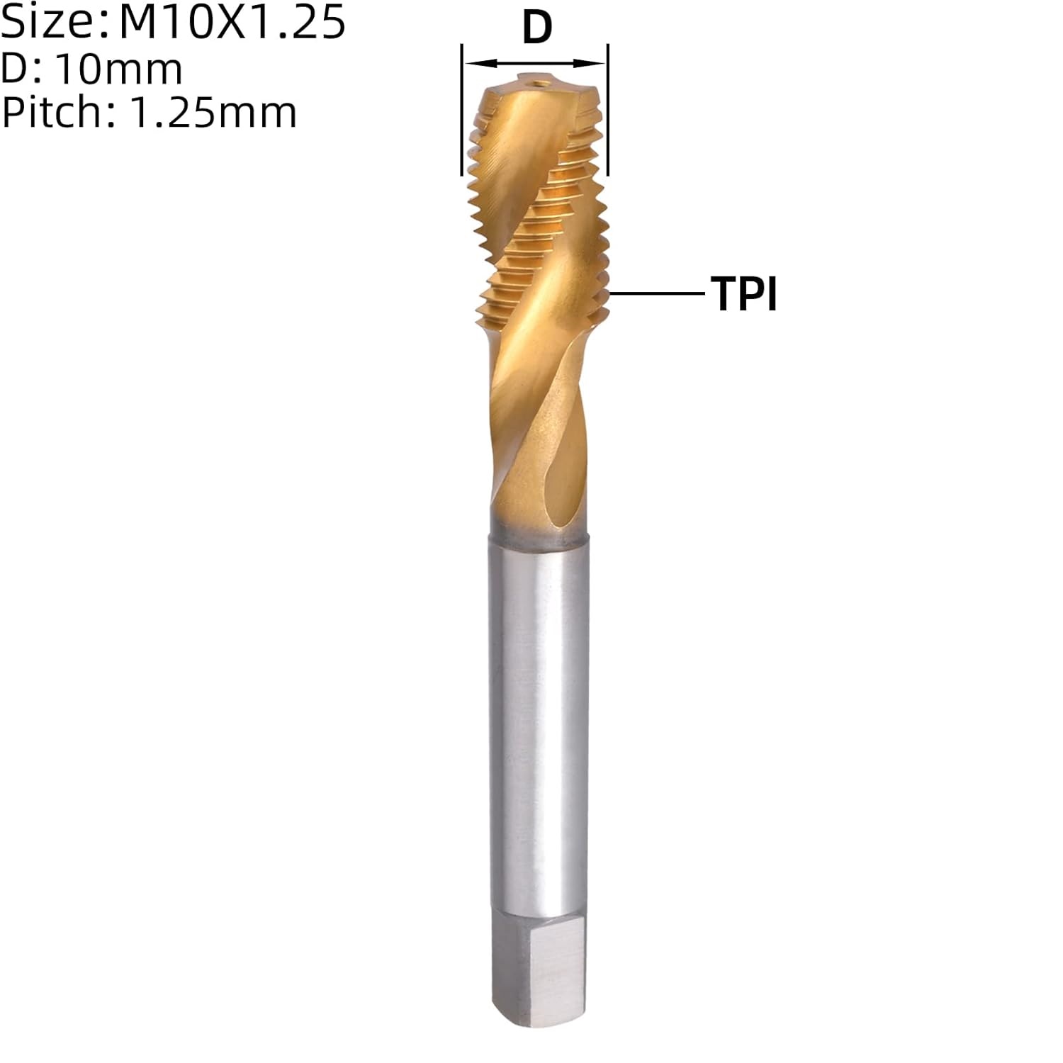 m10 x 1.25 spiral flute tap, hss titanium coated spiral flute plug threading tap m10 x 1.25 spiral flute tap, hss titanium coated spiral flute plug threading tap