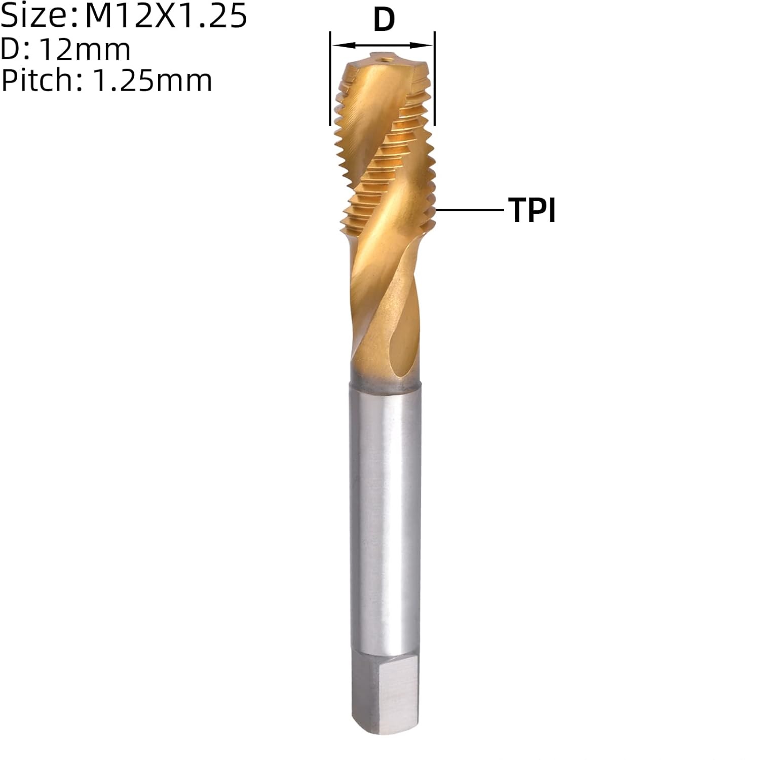 m12 x 1.25 spiral flute tap, hss titanium coated spiral flute plug threading tap m12 x 1.25